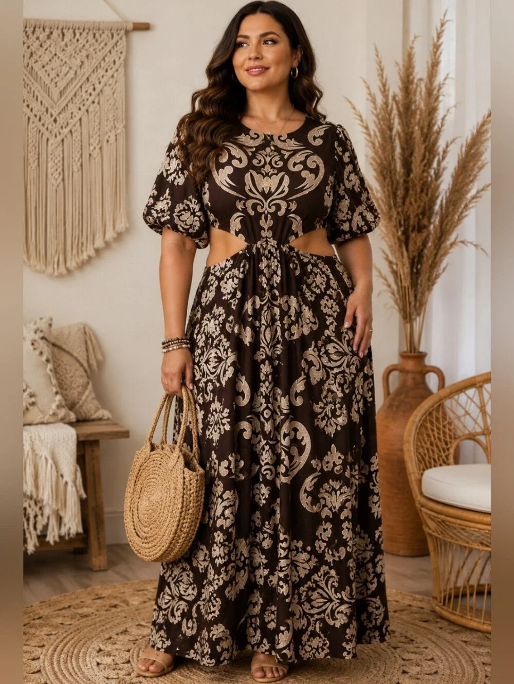 Abercrombie & Fitch Damask Print Side Cutout Puff Sleeve Maxi Dress XL